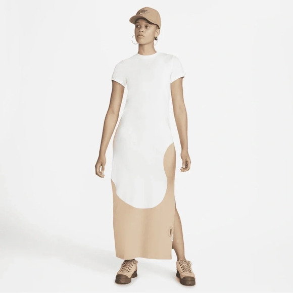 Nike Dresses & Skirts - Nike x Euphoria Color Clash Maxi Tee Dress Tan Cream XS Slit Sporty Streetwear